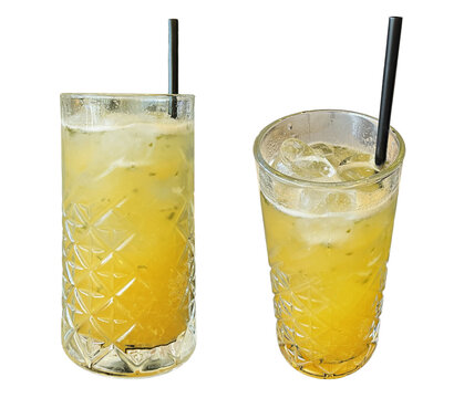 Set of two yellow iced cocktails with mint and black straws for refreshing summer bar menus on a transparent background
