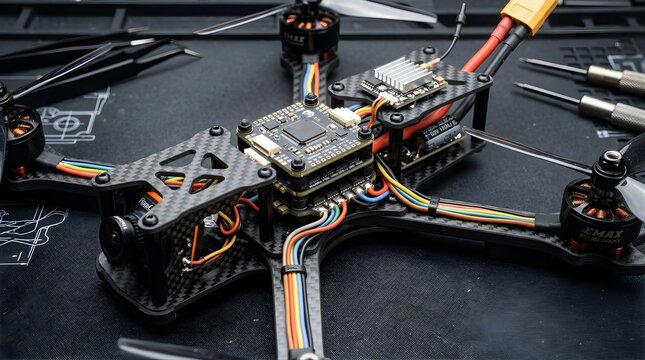 Custom FPV racing drone build on a workbench with tools.
