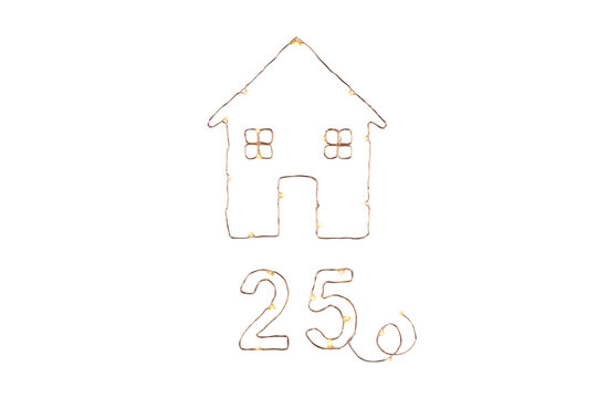 Festive 25 number made of fairy lights shaped like a house, ideal for Christmas or seasonal decoration