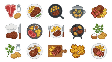 Fototapeta premium Steak dinner plates and grilled meat icon collection