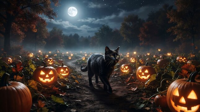 Black cat walking through dark pumpkin patch at night under bright full moon