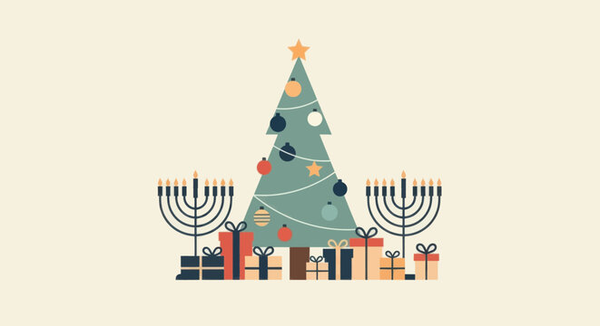 Christmas tree and menorah with gift boxes