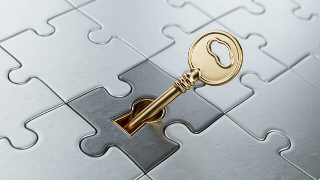 A golden key is inserted into a hole in metallic puzzle pieces. This represents a solution to complex business problems and strategic success.