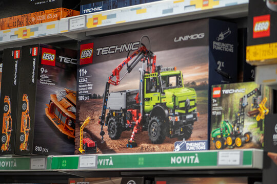 LEGO Technic Mercedes-Benz Unimog U 5023 Truck with Crane Building Blocks Set Box on Retail Shelf. Milan, Italy - June 24, 2026