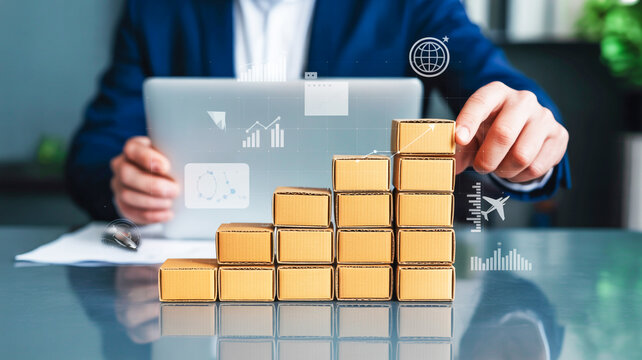 Business professional constructing a staircase of parcels, symbolizing strategic growth, optimized supply chain management, and digital innovation in global commerce