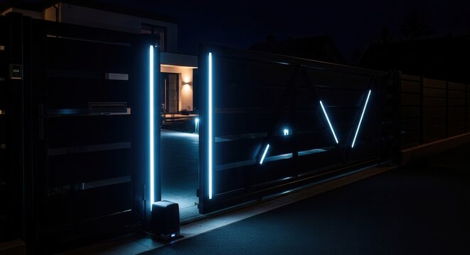 Modern Automatic Gate With Blue LED Illumination At Night