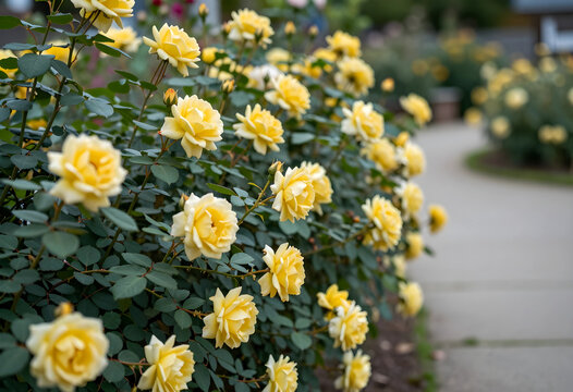 Garden beauty and natural elegance, yellow rose bushes blooming along a winding pathway in a botanical park