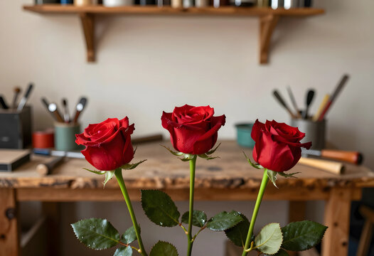 Love and romance concept, three red roses with water drops on a rustic wooden table, valentines day flowers