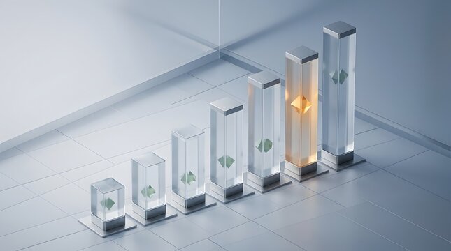 Isometric 3D render of a rising bar chart composed of seven transparent rectangular glass columns on a grid floor, featuring a single glowing orange pedestal and geometric shapes.