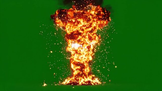 Fire Tornado with Swirling Flames and Sparks on Green Screen Background