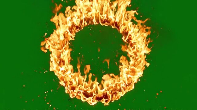 Burning Fire Ring with Flickering Flames and Sparks on Green Screen