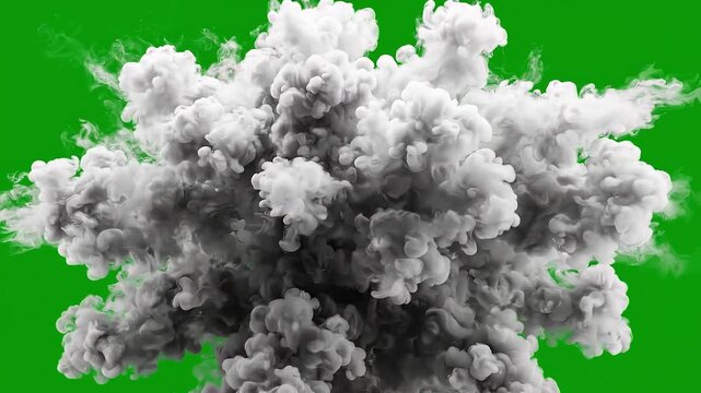 White Smoke Burst Explosion Expanding in All Directions on Green Screen