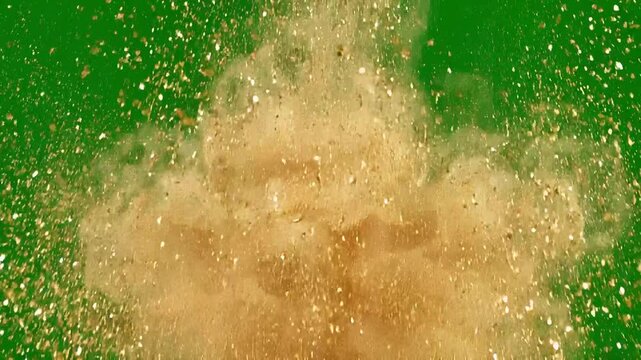 Golden Sand Dust Explosion Bursting Upward with Flying Particles on Green Screen