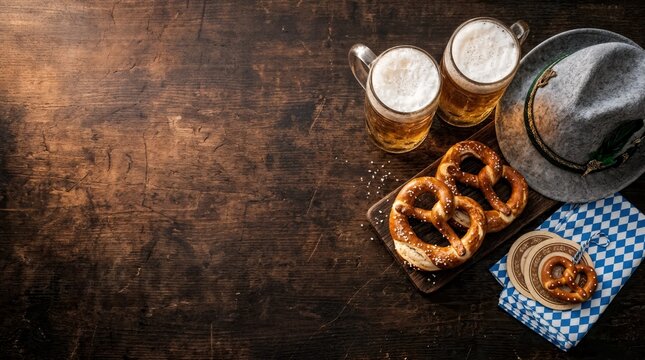 Oktoberfest Celebration with Beer, Pretzels and Bavarian Decorations