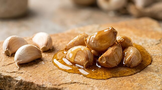 Fresh garlic cloves coated in organic honey on a rustic stone surface