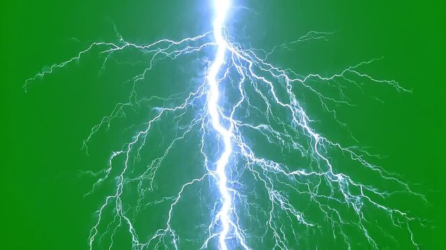 Powerful Lightning Strike with Branching Electric Bolts on Green Screen