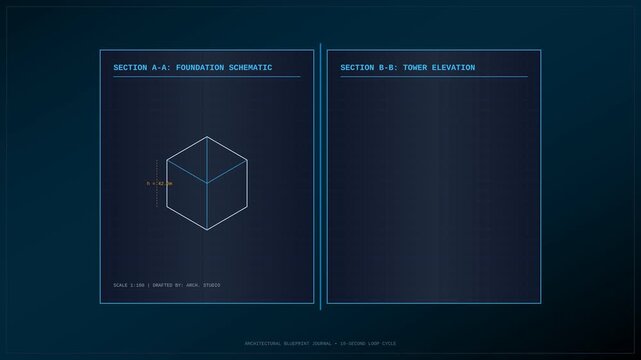 Animated Technical Architectural Blueprint with Foundation Schematic and Tower Elevation Lines