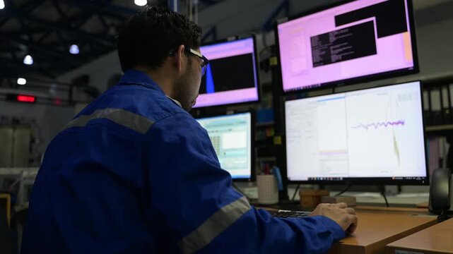 Inside the large Industry Factory male Computer Engineer Works on Personal Computer She coding program for control machine,Thailand people work on fours monitors,Programmer working with serious