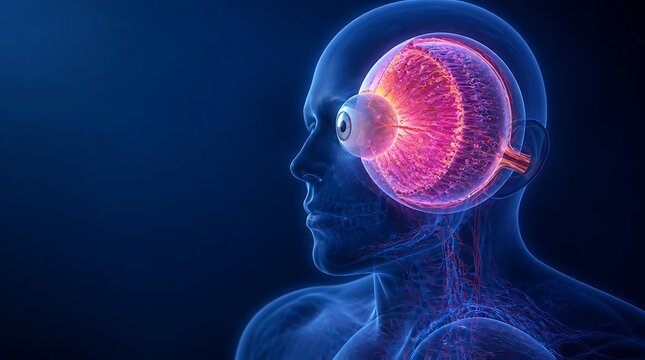 Digital illustration of a human head with a focus on brain and eye anatomy showcasing neural and visual pathways in vibrant colors