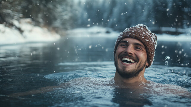 Man smiling while swimming in freezing winter lake