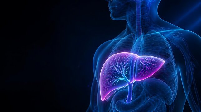 Advanced digital illustration of human liver and anatomy highlighting organ structure and internal features in vibrant colors