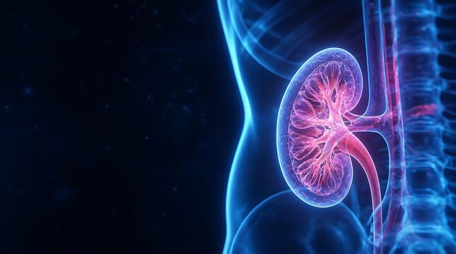 High-resolution digital illustration of a human kidney with detailed internal structure and surrounding urinary system in a