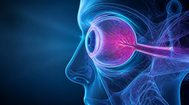 Detailed digital rendering of human eye anatomy highlighting optic nerve and retinal structures in vibrant colors for
