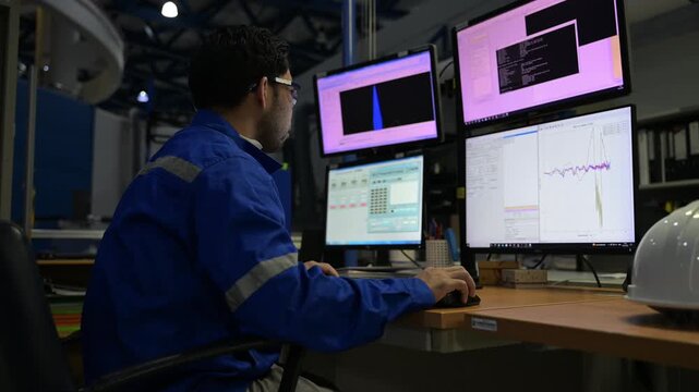 Inside the large Industry Factory male Computer Engineer Works on Personal Computer She coding program for control machine,Thailand people work on fours monitors,Programmer working with serious