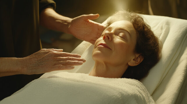 Woman Receiving Relaxing Energy Healing Therapy Session