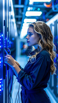 IT-Techniker pr&uuml;ft Serverkabel im Rechenzentrum