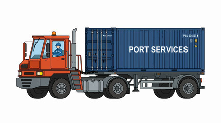 Fototapeta premium Orange Terminal Tractor Truck Hauling Blue Port Services Container for Global Logistics and Freight Transport