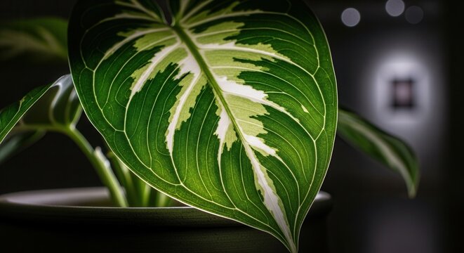 Intricate Variegated Leaf Close-Up With Blurred Indoor Background
