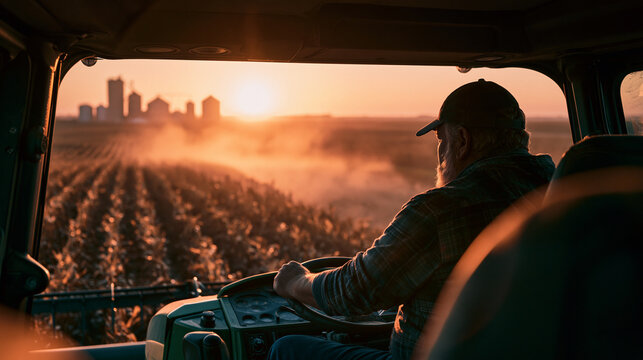 A wide POV from within a large green combine harvester, showing a bearded farmer driving through a field toward a grain elevator at golden hour sunset.