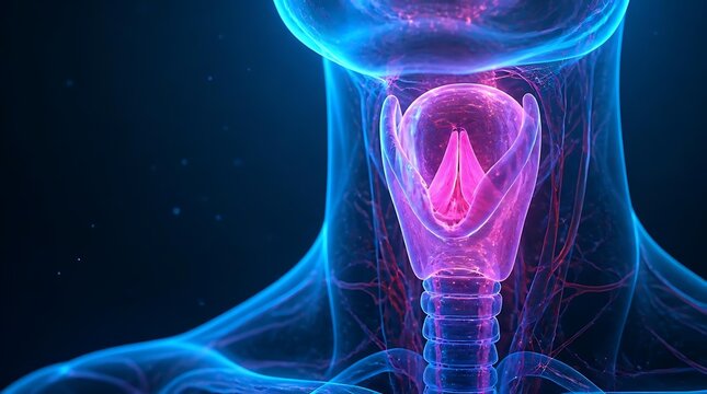 illuminated human thyroid gland highlighted with vibrant neural and vascular structures in a detailed medical illustration