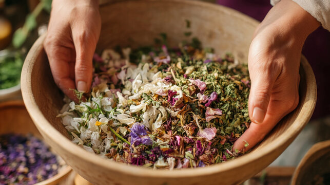 Hands Blending Dried Herbal Flowers in Rustic Wooden Bowl
