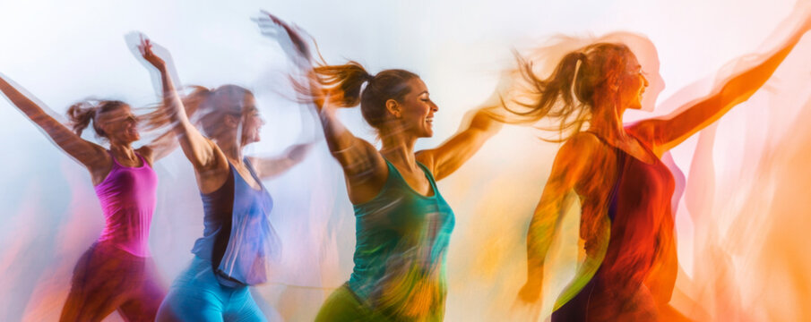 Joyful women dancing in colorful motion blur background