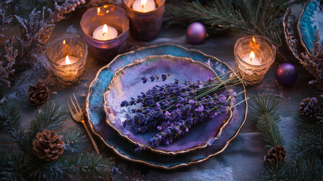 Romantic Candlelit Table Setting with Lavender Bouquet