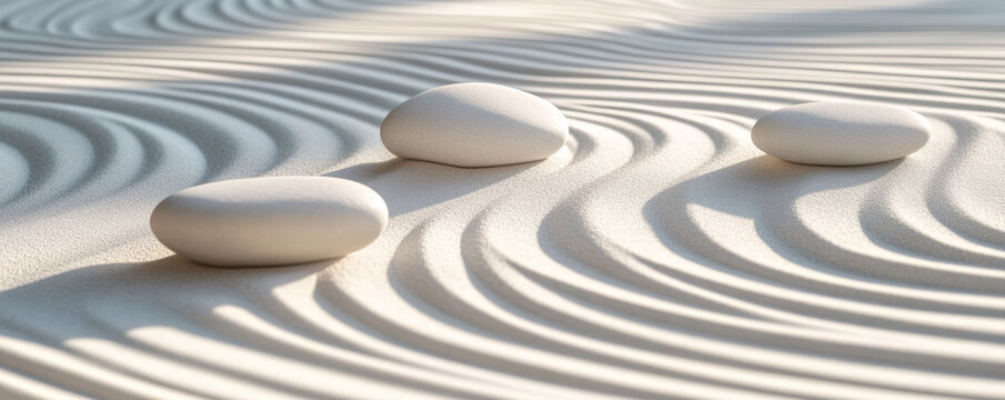 Smooth White Stones on Raked Zen Sand Garden