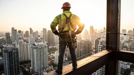 Fototapeta premium Construction worker standing on high steel beam overlooking city skyline at sunset.