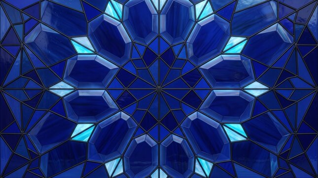 Symmetrical blue stained glass rosette mandala pattern with gemstone facet style, symmetrical