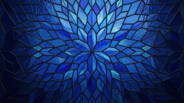 Deep blue stained glass floral mosaic pattern background with intricate geometric detail, abstract