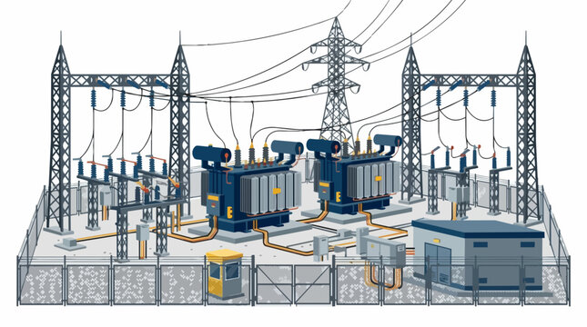 Industrial Electrical Substation Facility with High Voltage Power Transformers and Transmission Grid Infrastructure