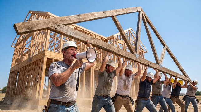 Construction workers lifting roof truss together with leader using megaphone.