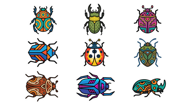 Colorful stylized beetle icons.