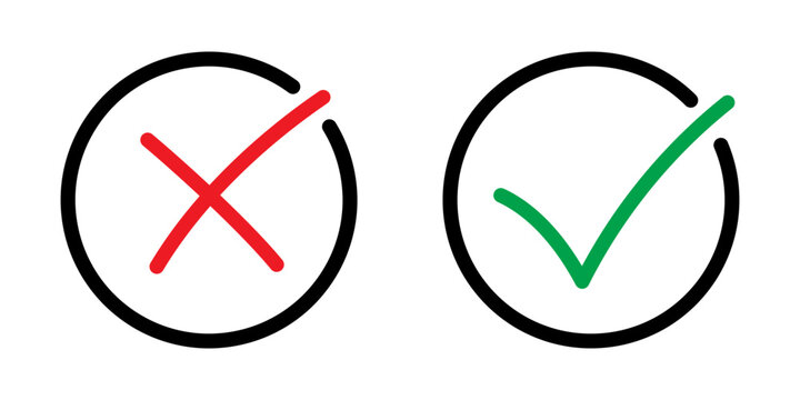 Hand Drawn Red Cross and Green Check Mark Icons in Circles for Correct and Incorrect Answers, Approval, Rejection, Yes and No