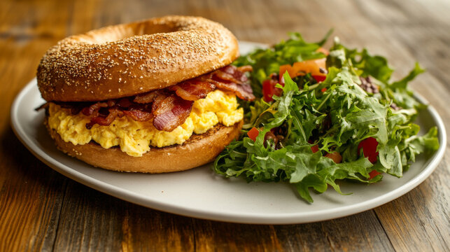 Delicious Bacon and Scrambled Egg Bagel with Fresh Green Salad