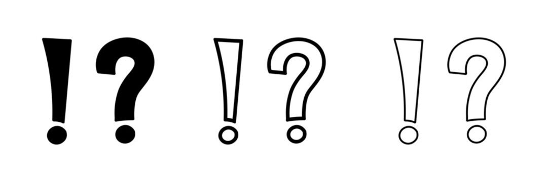 Hand Drawn Question and Exclamation Mark Icon Set in Solid and Outline Styles for FAQ, Help, Warning, Attention and Confusion
