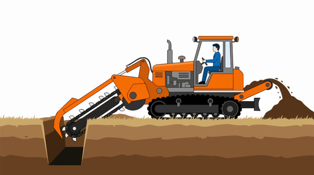 Industrial heavy orange trencher machine digging a deep ditch in the brown soil with an operator inside the cabin