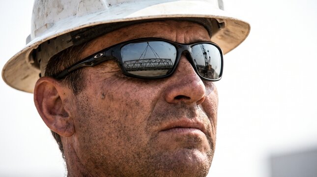 Close up portrait of male construction worker in hard hat and sunglasses.
