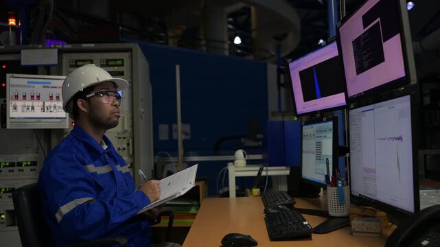 Inside the large Industry Factory male Computer Engineer Works on Personal Computer She coding program for control machine,Thailand people work on fours monitors,Programmer working with serious